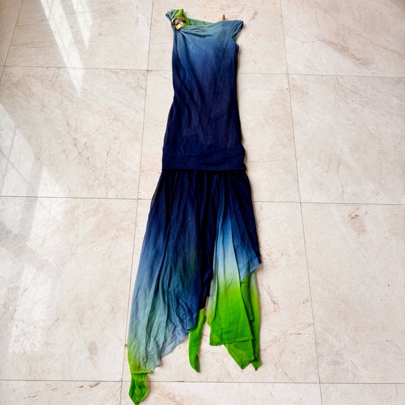 Ferragamo Silk Asymmetrical blue and Green Ombre Maxi Dress size M - Picture 4 of 16